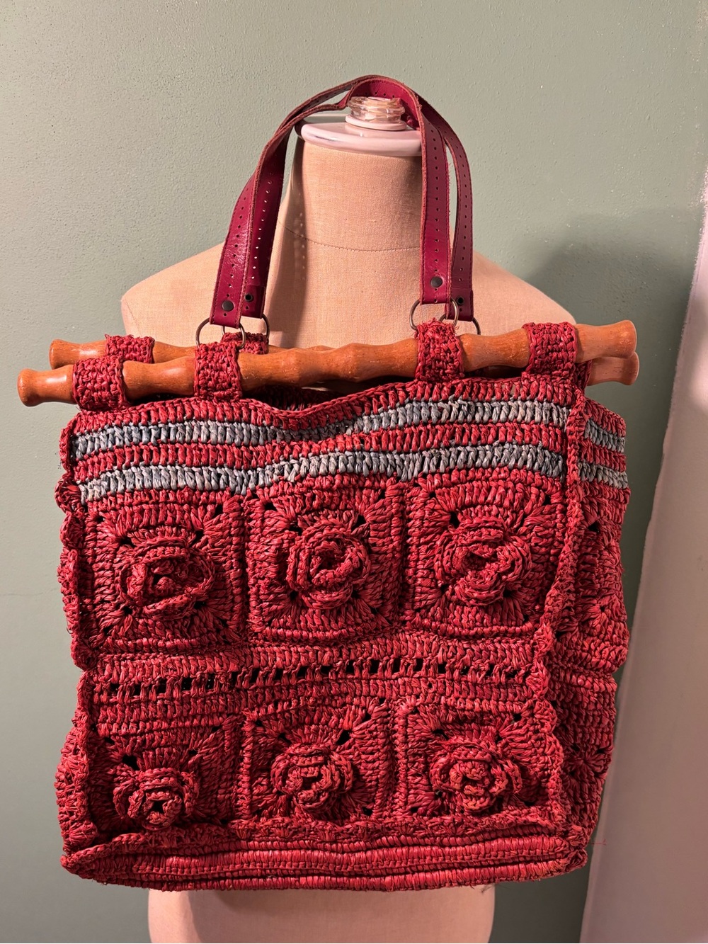 Handcrafted Jamin Puech Red Crochet Bag with Wooden Handles